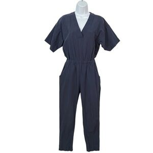 7115 by Szeki jumpsuit Blue S small V-neck Pockets Rayon Linen Womens Keyhole